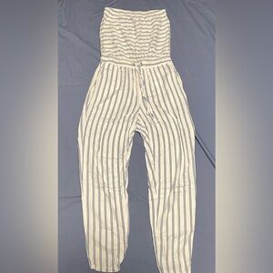 Strapless Striped White and Blue Jumpsuit